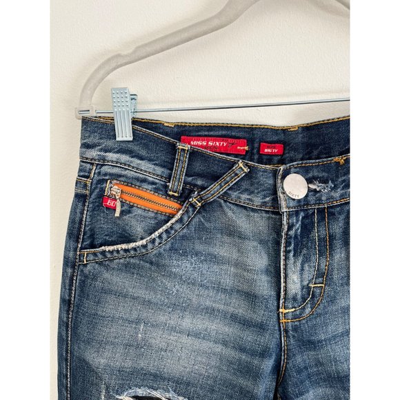 MISS SIXTY Vintage Distressed Denim Jeans Y2K Medium Dark Wash Orange Zipper 28 - Picture 9 of 16